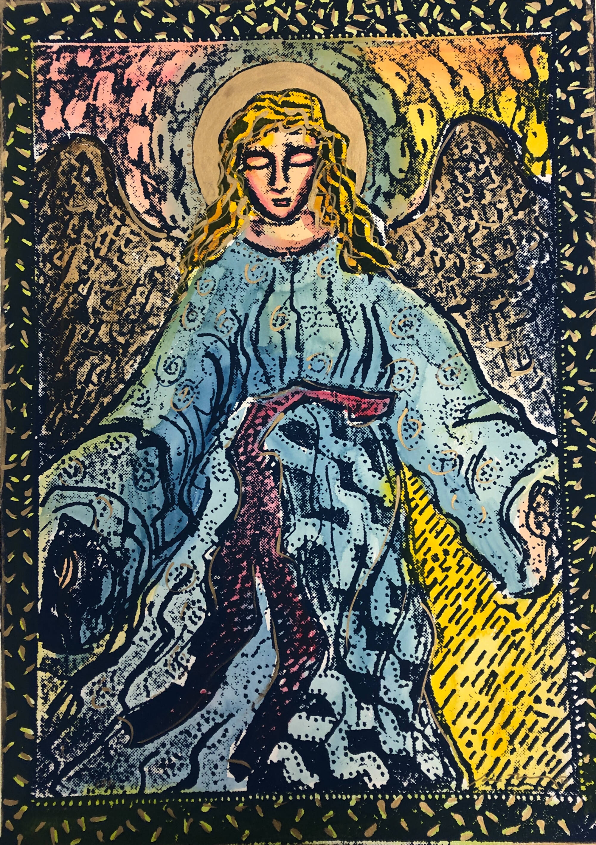 Colorful image of an angel wearing a blue dress.
